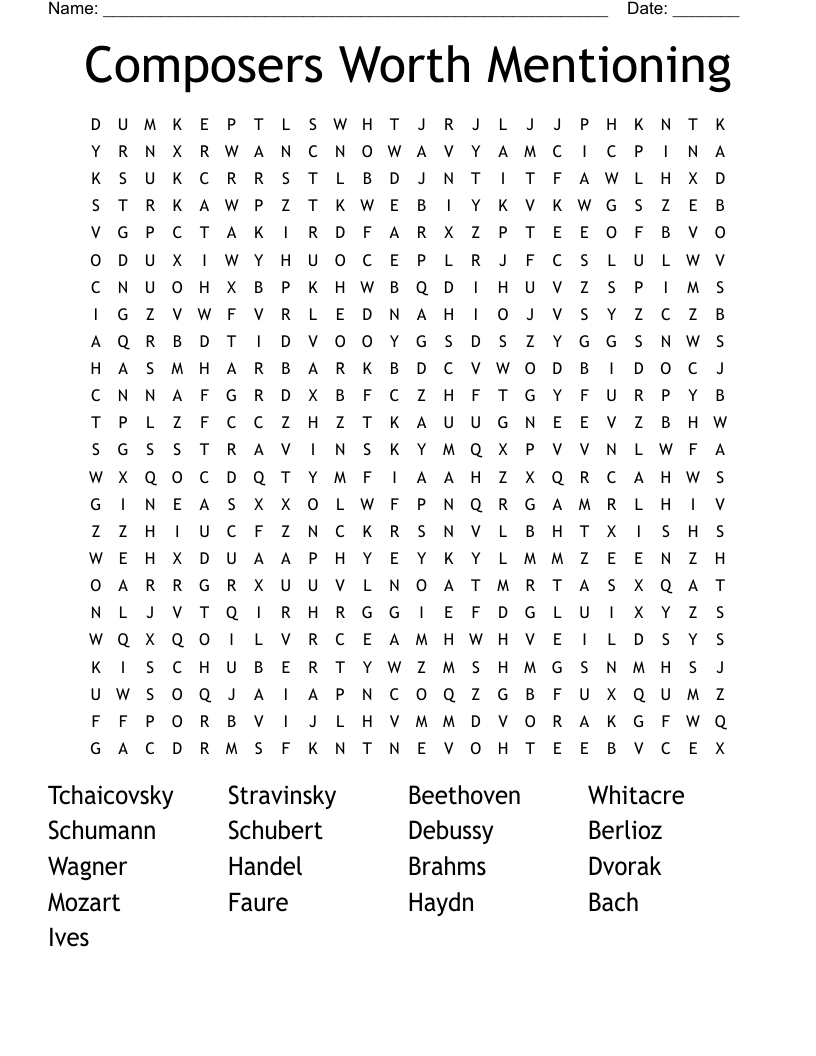 Composers Worth Mentioning Word Search