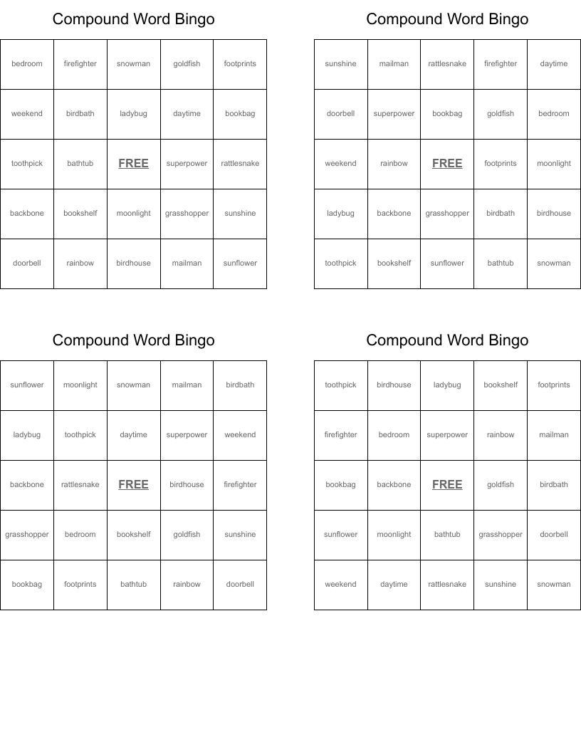 Compound Word Bingo