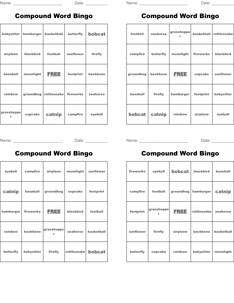 Compound Word Bingo