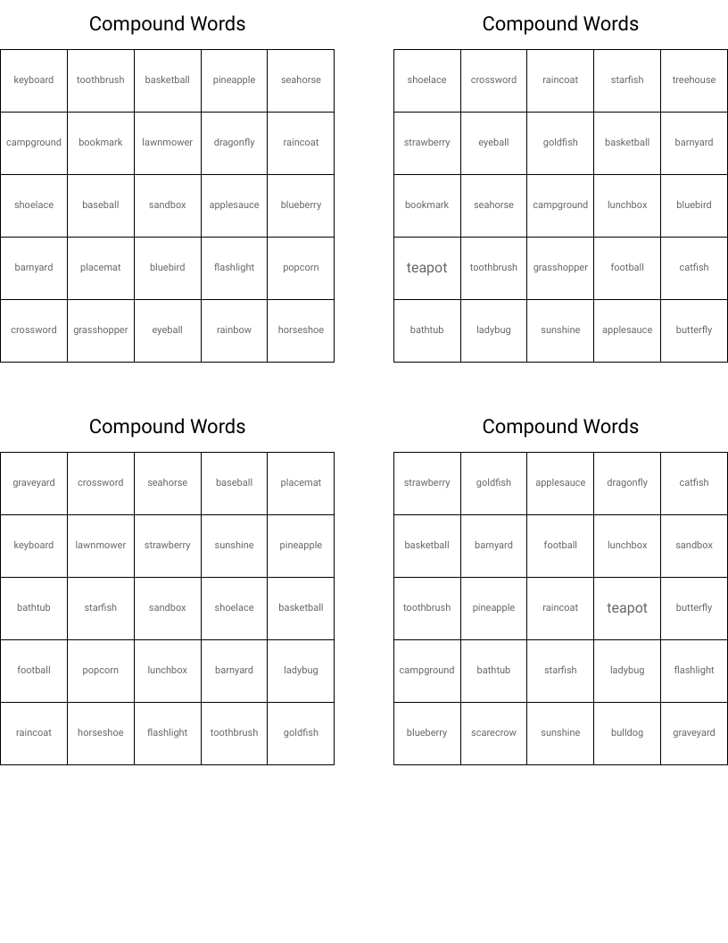 Compound Words Bingo Cards