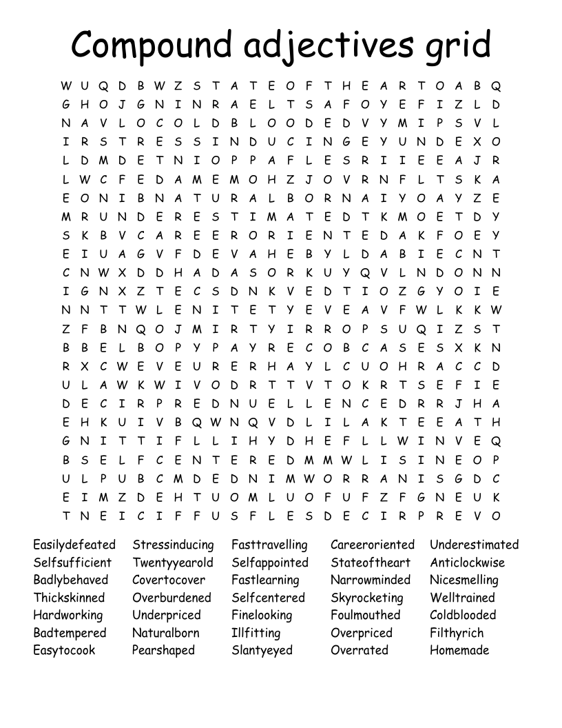 Compound adjectives grid Word Search