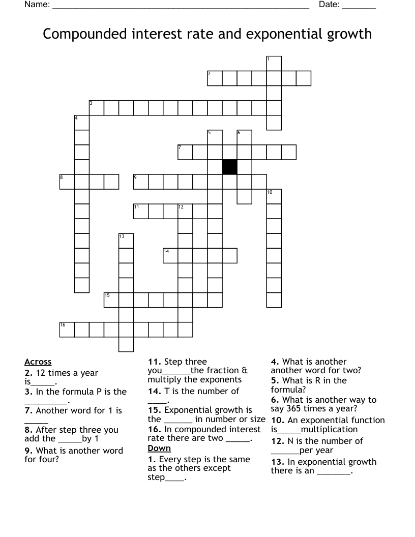 Compounded interest rate and exponential growth Crossword