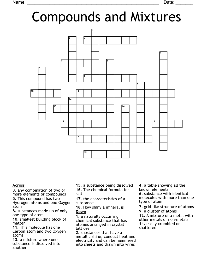 Compounds and Mixtures Crossword