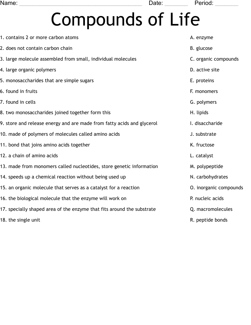 Compounds of Life Worksheet