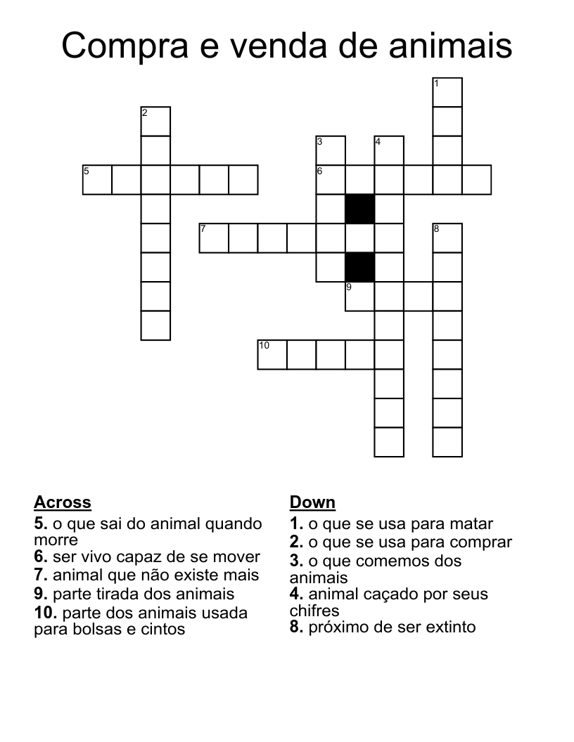 Compra e venda de animais Crossword