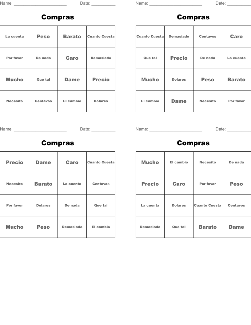 Compras Bingo Cards