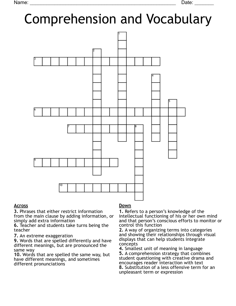 Comprehension and Vocabulary Crossword