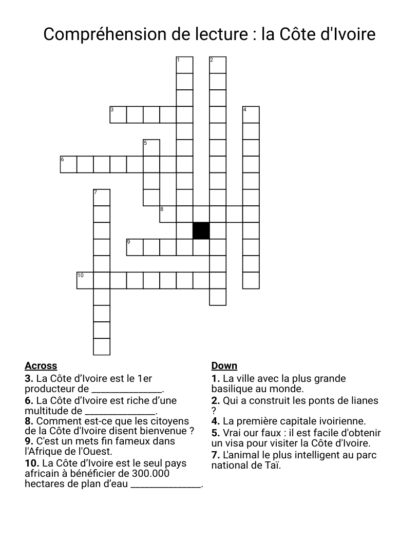 Compréhension de lecture : la Côte d'Ivoire Crossword