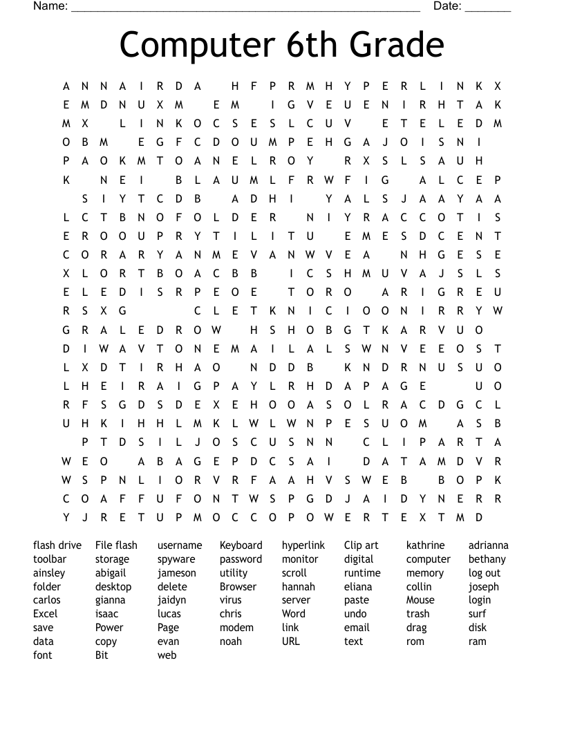 Computer 6th Grade Word Search