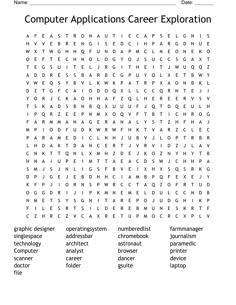 Computer Applications Career Exploration Word Search