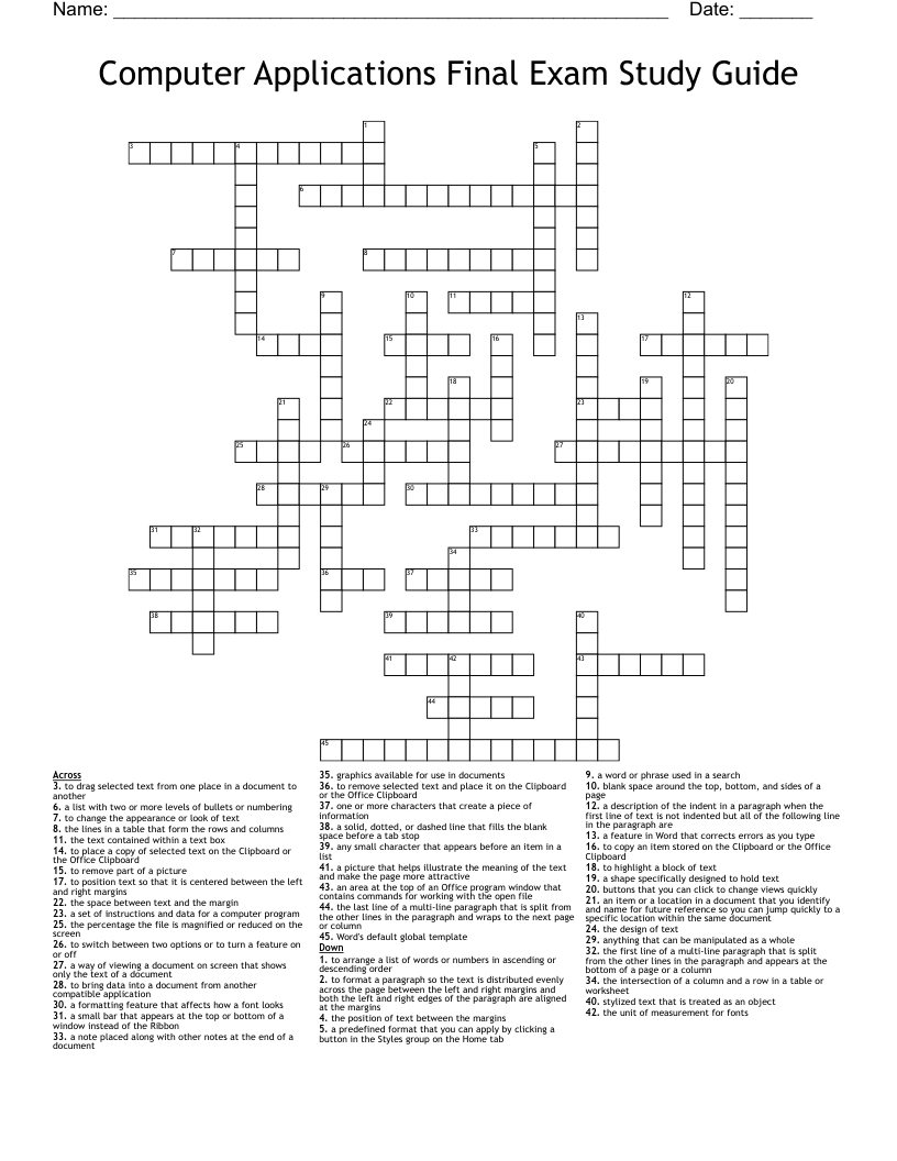 Computer Applications Final Exam Study Guide  Crossword