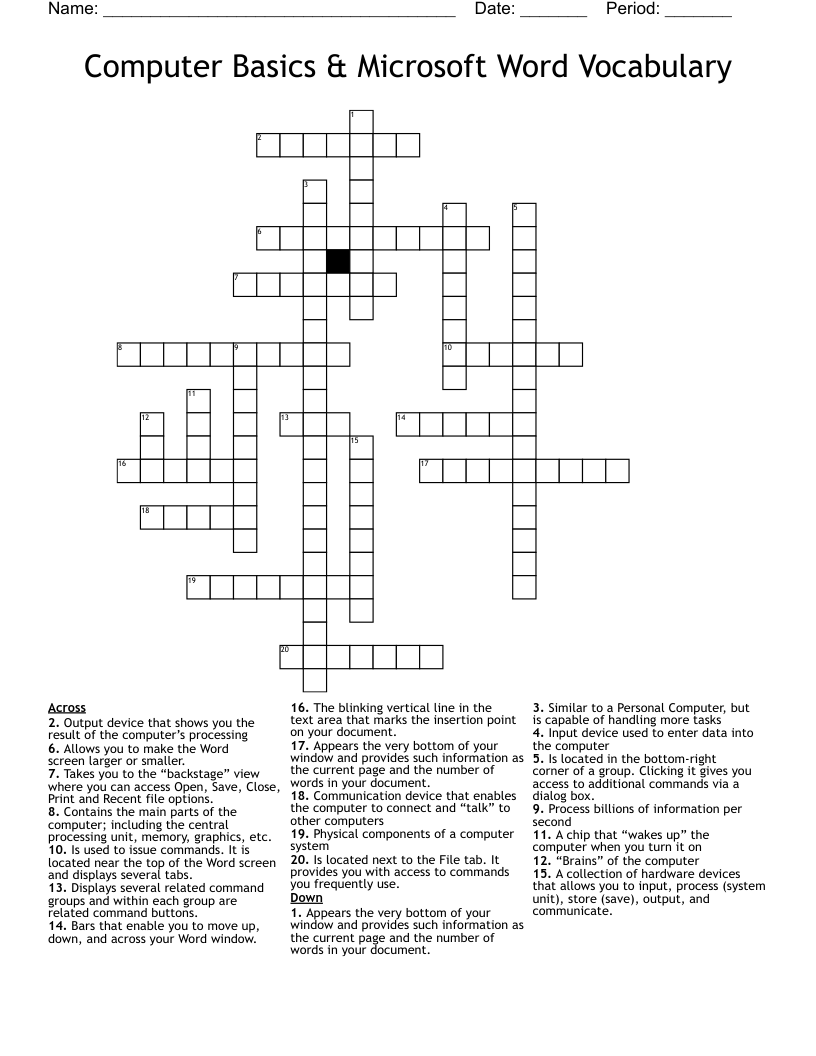 Computer Basics & Microsoft Word Vocabulary Crossword