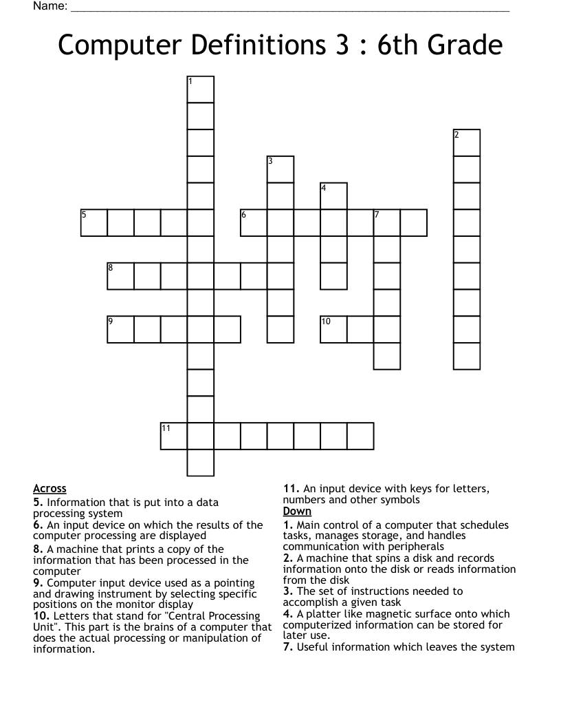 Computer Definitions 3 : 6th Grade Crossword