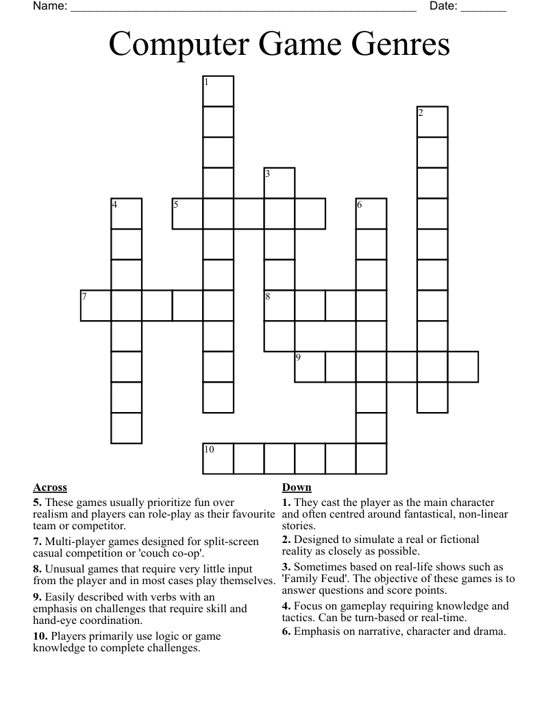 Computer Game Genres Crossword