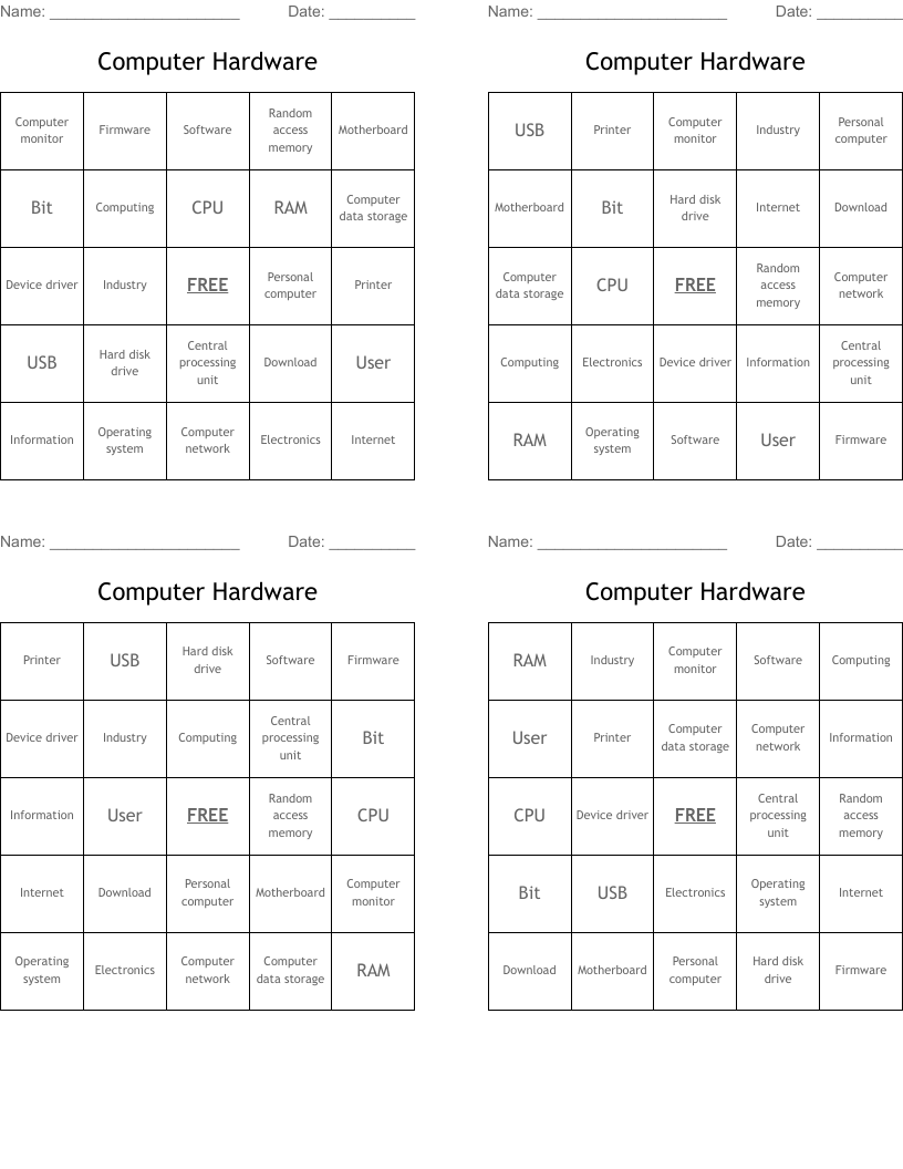 Computer Hardware Bingo Cards