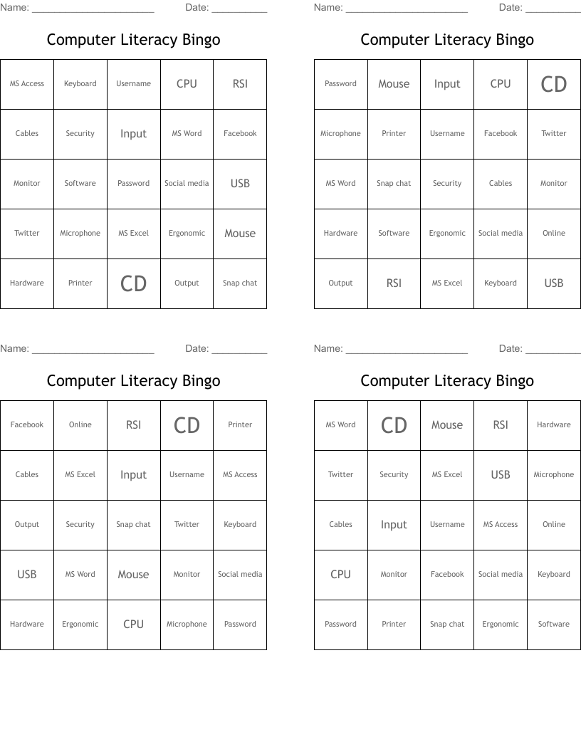 Computer Literacy Bingo 