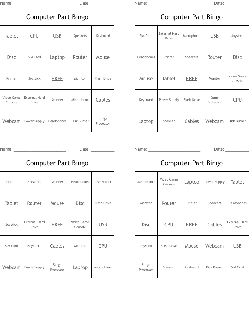 Computer Part Bingo
