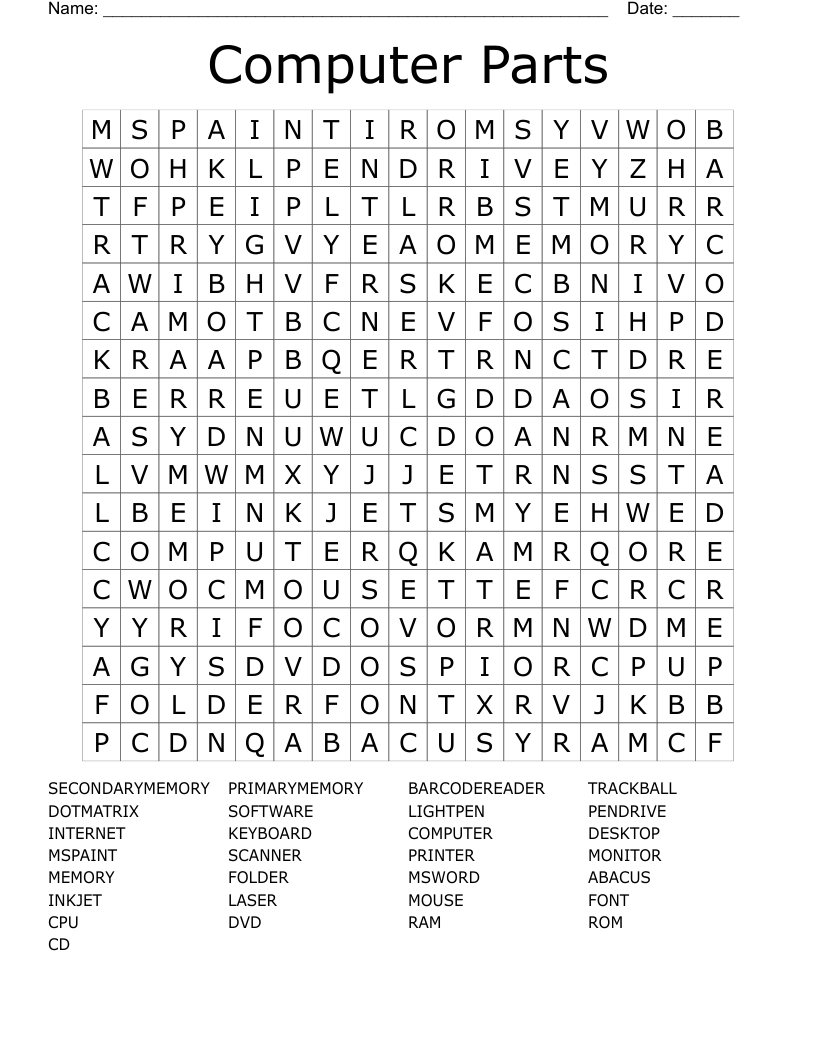 Computer Parts Word Search