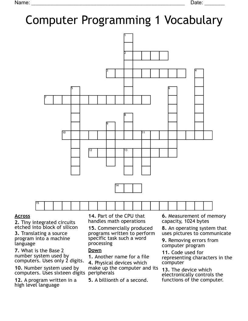 Computer Programming 1 Vocabulary Crossword