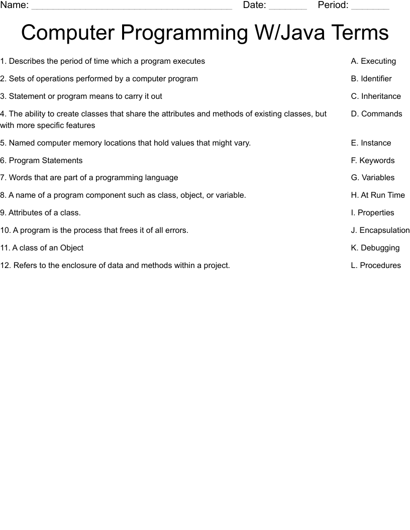 Computer Programming W/Java Terms Worksheet