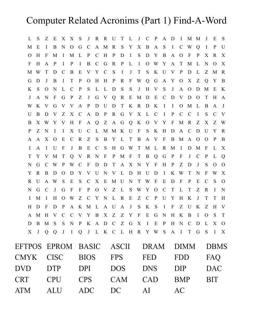 Computer Related Acronims (Part 1) Find-A-Word Word Search