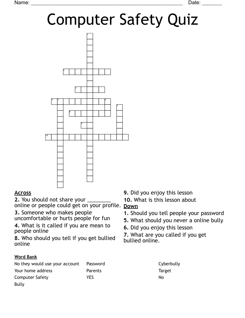 Computer Safety Quiz Crossword
