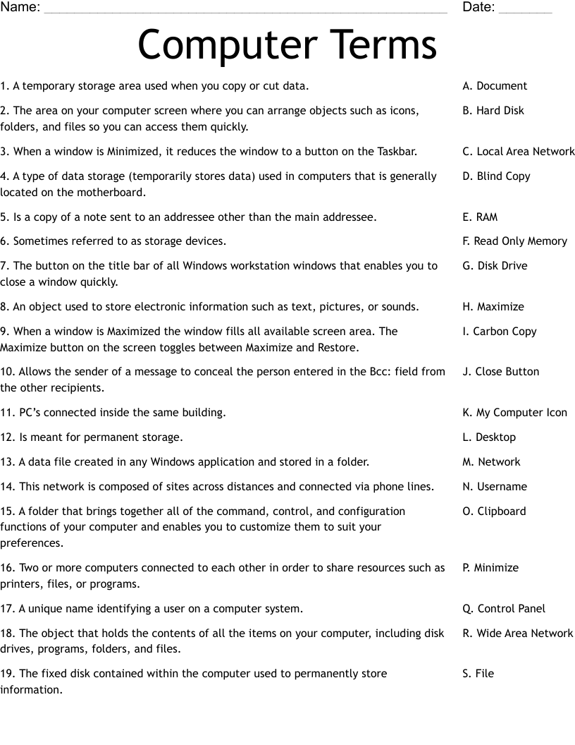 Computer Terms Worksheet