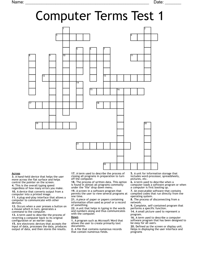 Computer Terms Test 1 Crossword