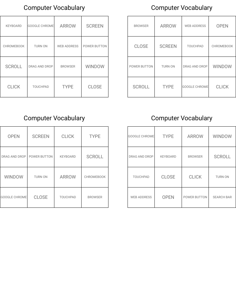 Computer Vocabulary Bingo Cards