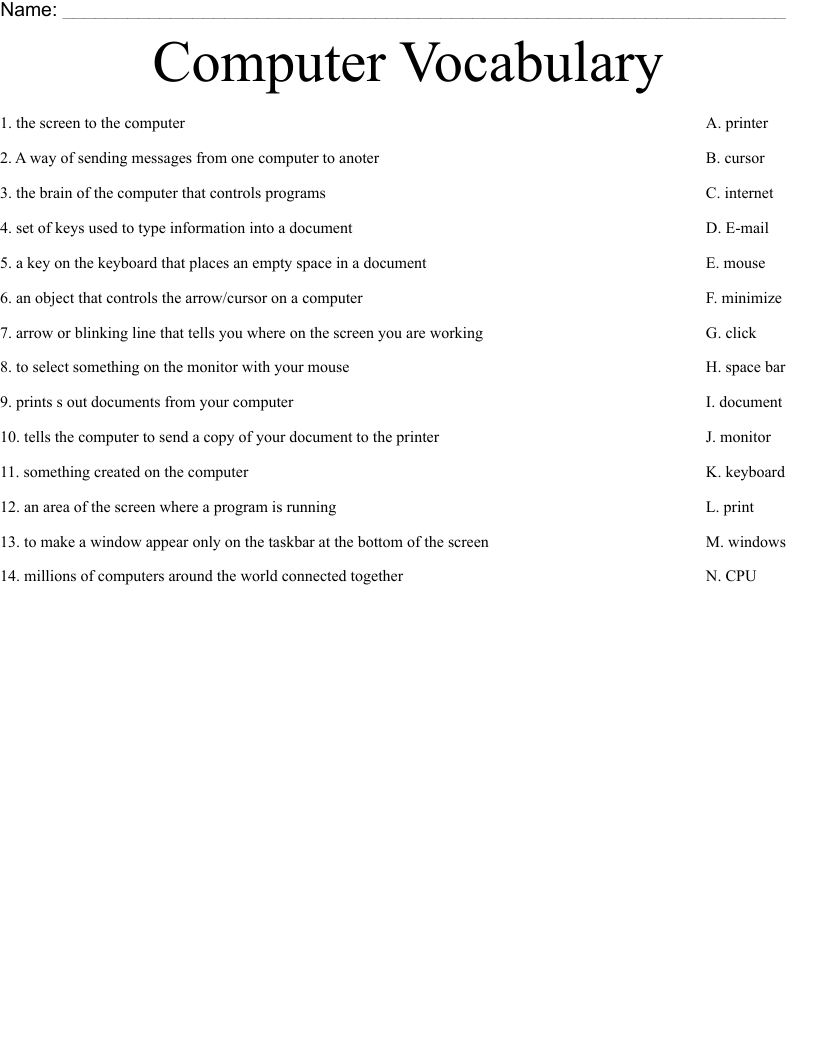 Computer Vocabulary Worksheet