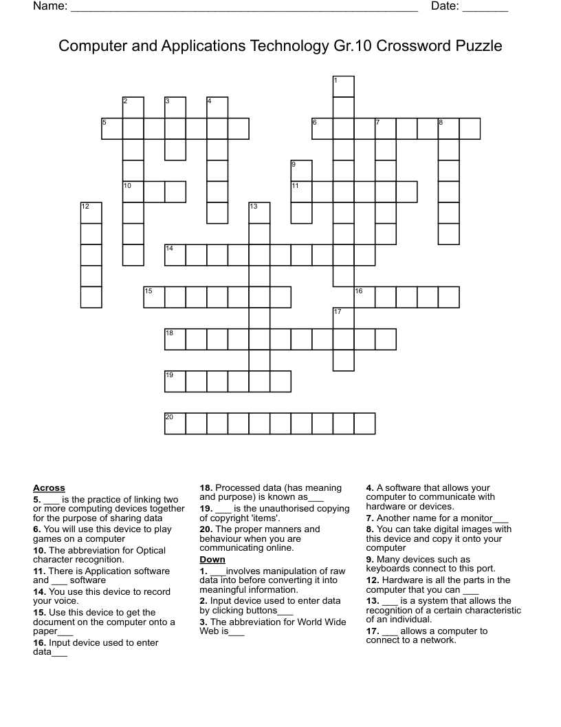 Computer and Applications Technology Gr.10 Crossword Puzzle