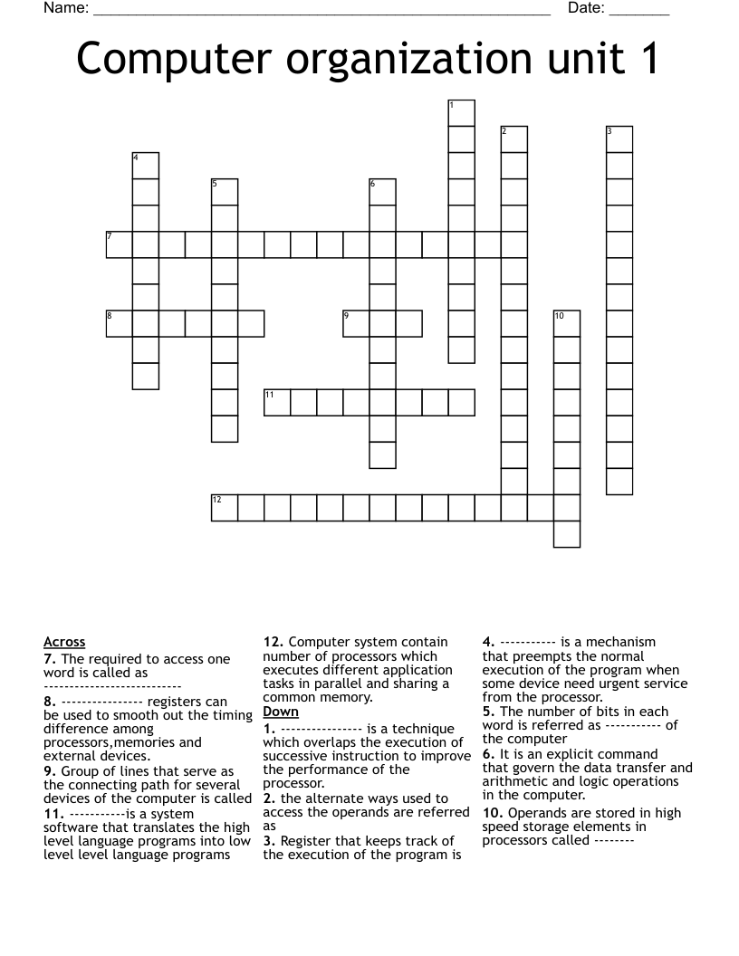 Computer organization unit 1 Crossword