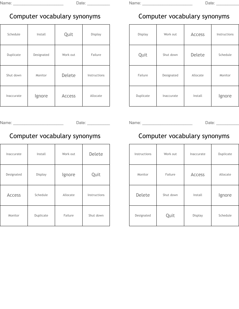 Computer vocabulary synonyms Bingo Cards