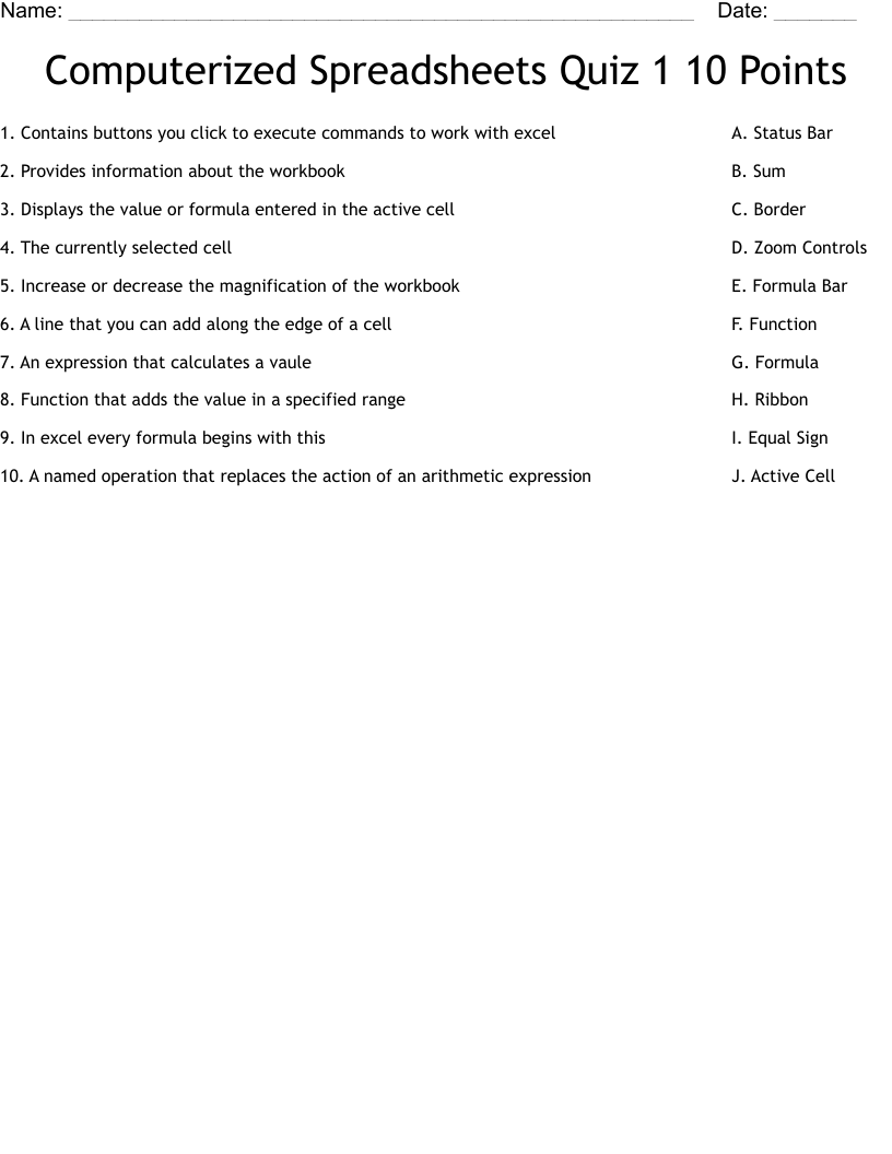 Computerized Spreadsheets Quiz 1 10 Points Worksheet