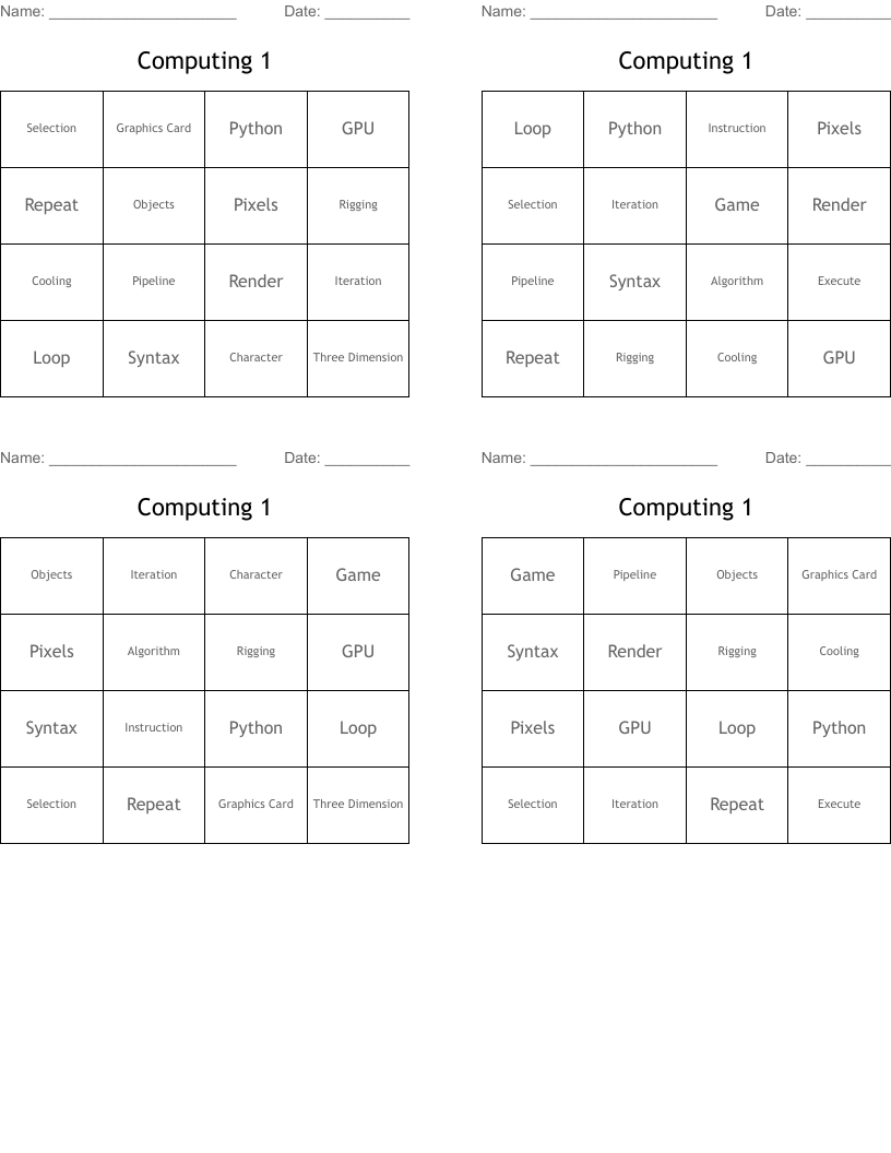 Computing 1 Bingo Cards