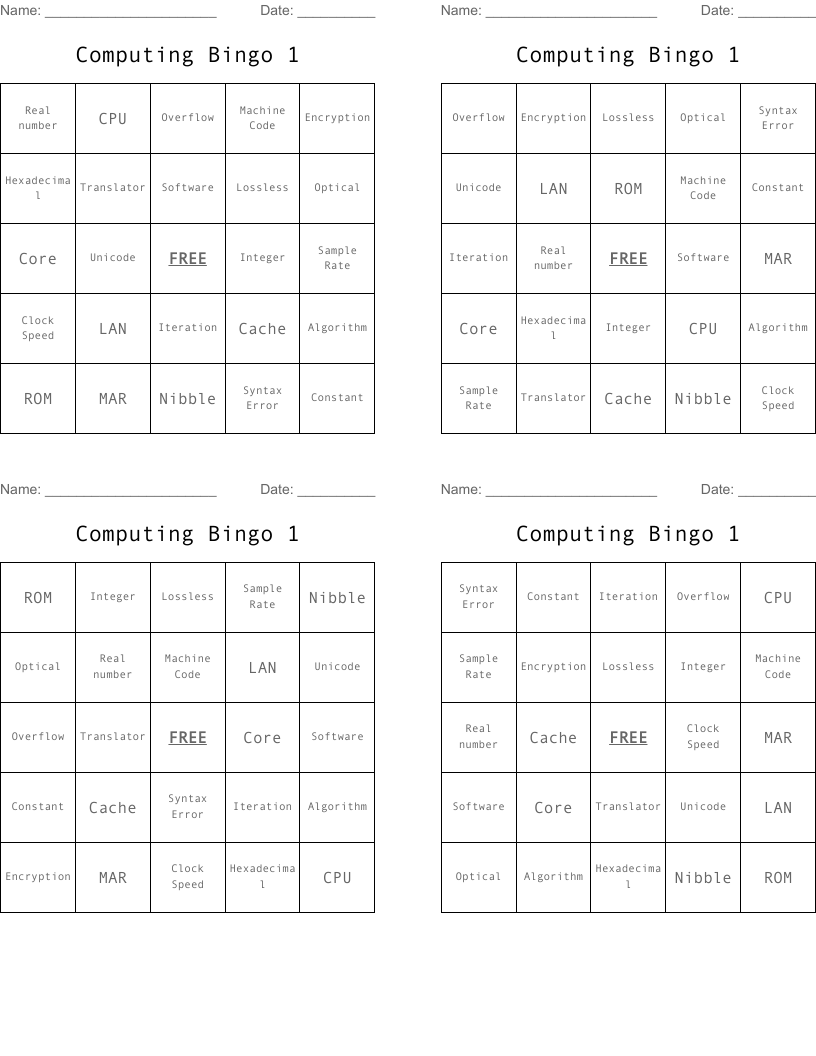 Computing Bingo 1