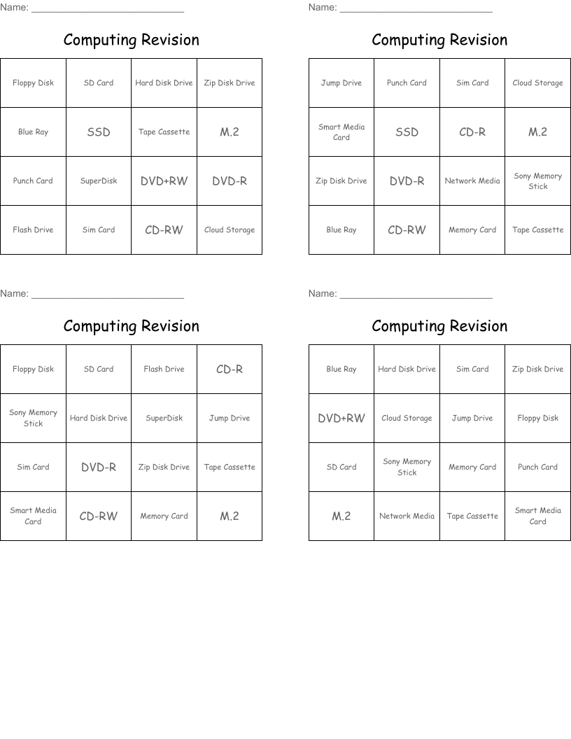Computing Revision   Bingo Cards