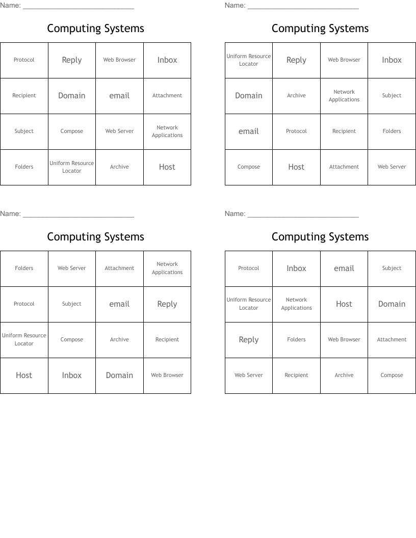 Computing Systems Bingo Cards