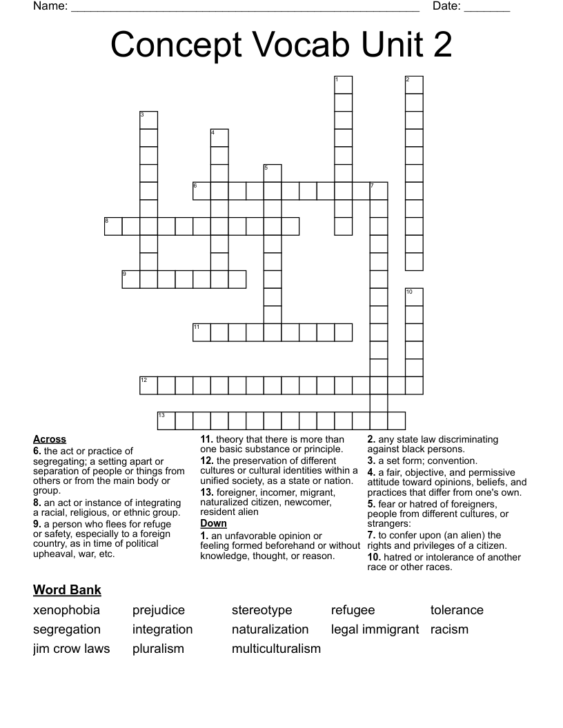 Concept Vocab Unit 2 Crossword