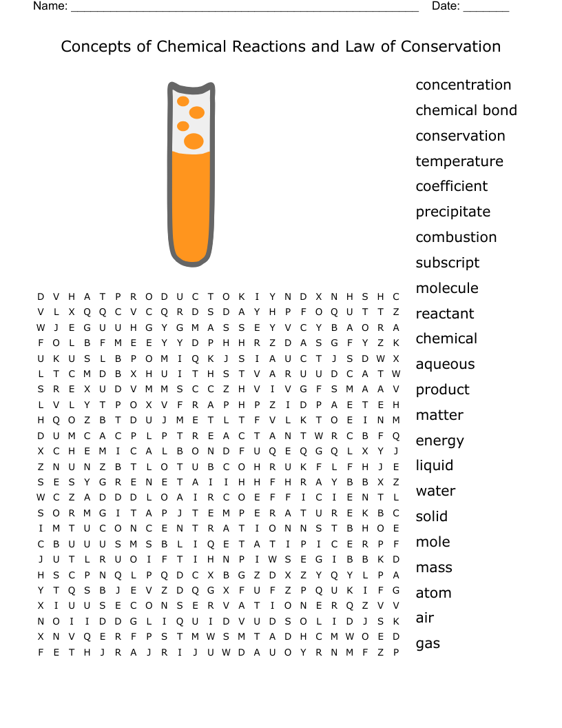 Concepts of Chemical Reactions and Law of Conservation  Word Search