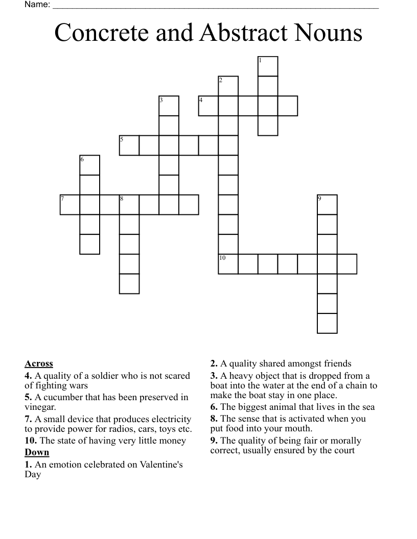Concrete and Abstract Nouns Crossword