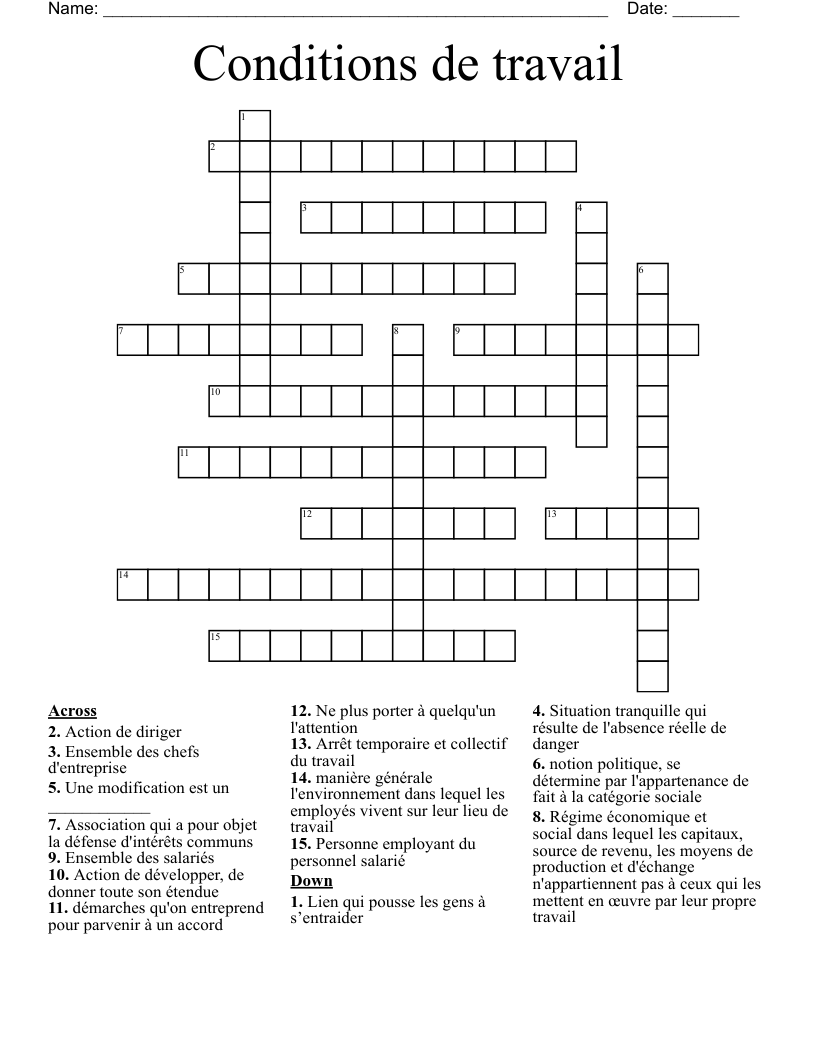 Conditions de travail  Crossword