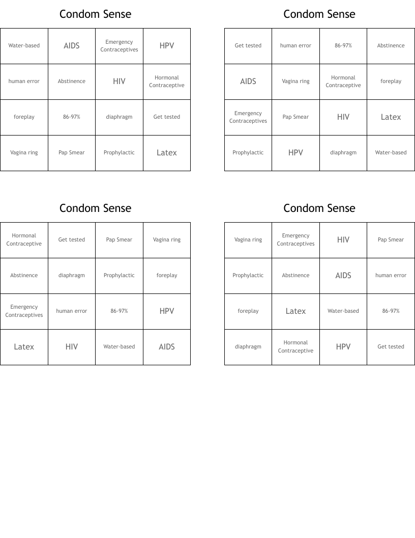 Condom Sense Bingo Cards