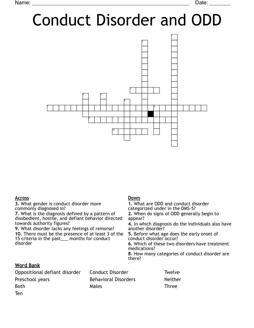 Conduct Disorder and ODD Crossword