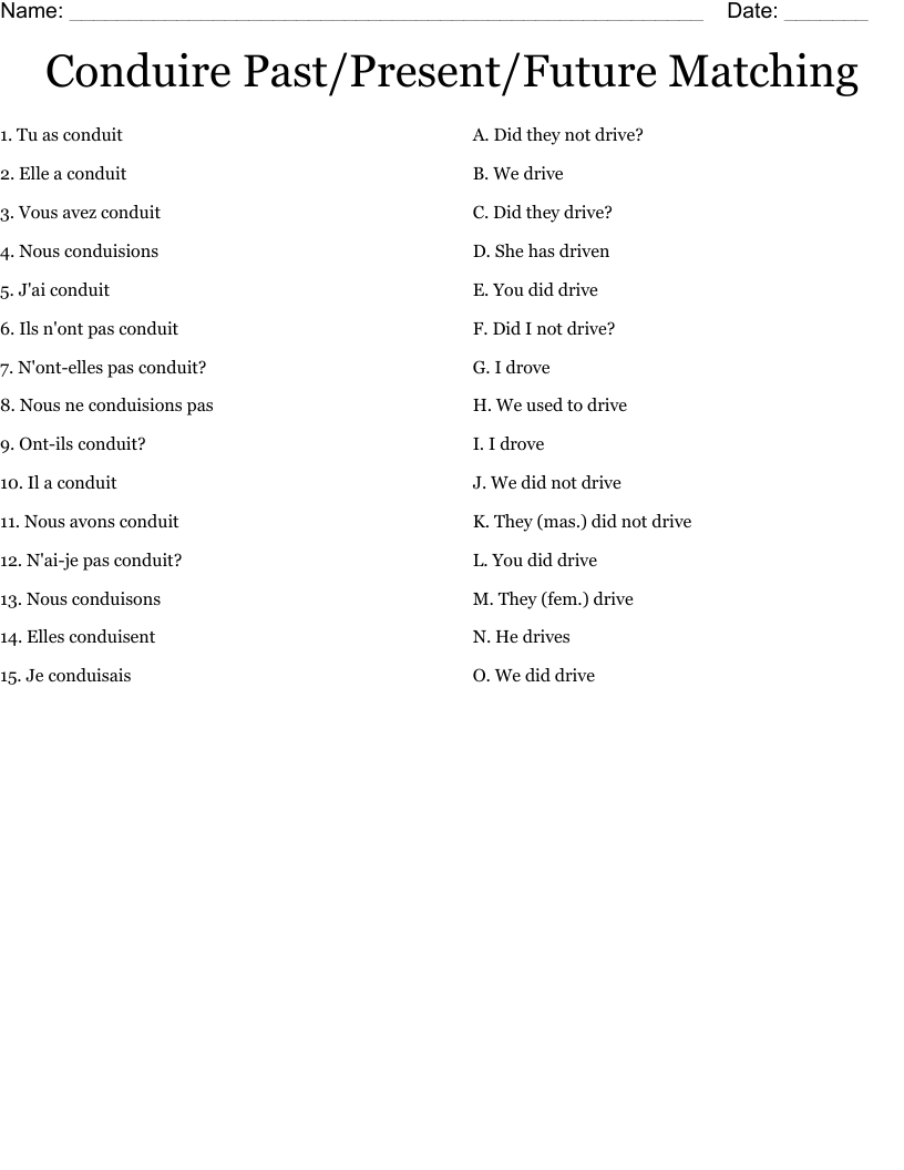 Conduire Past/Present/Future Matching Worksheet