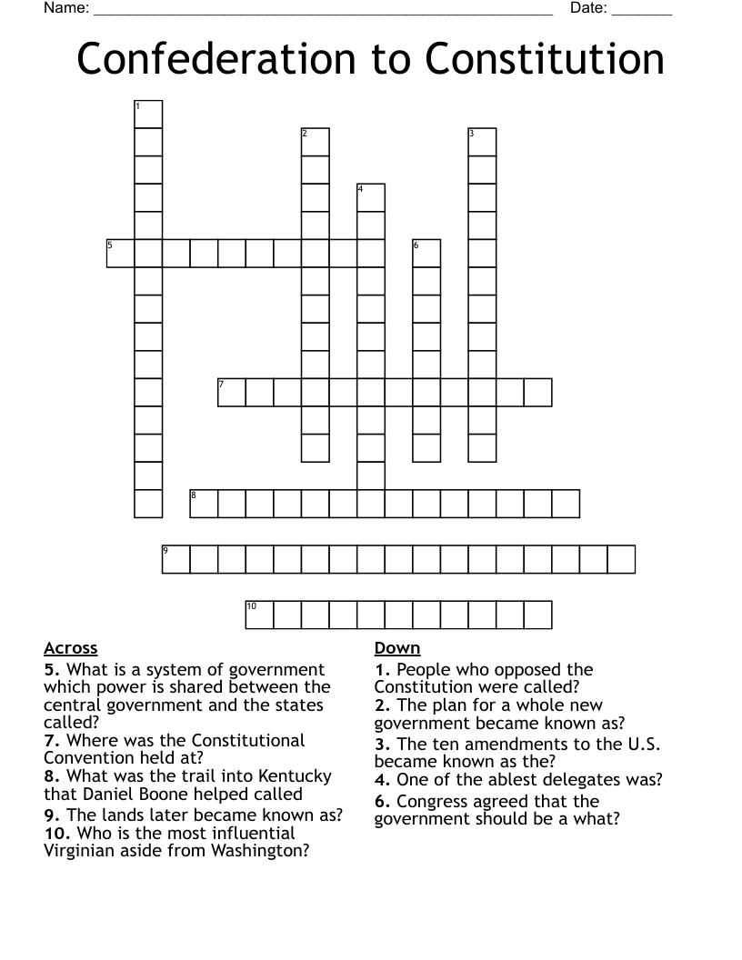 Confederation to Constitution Crossword