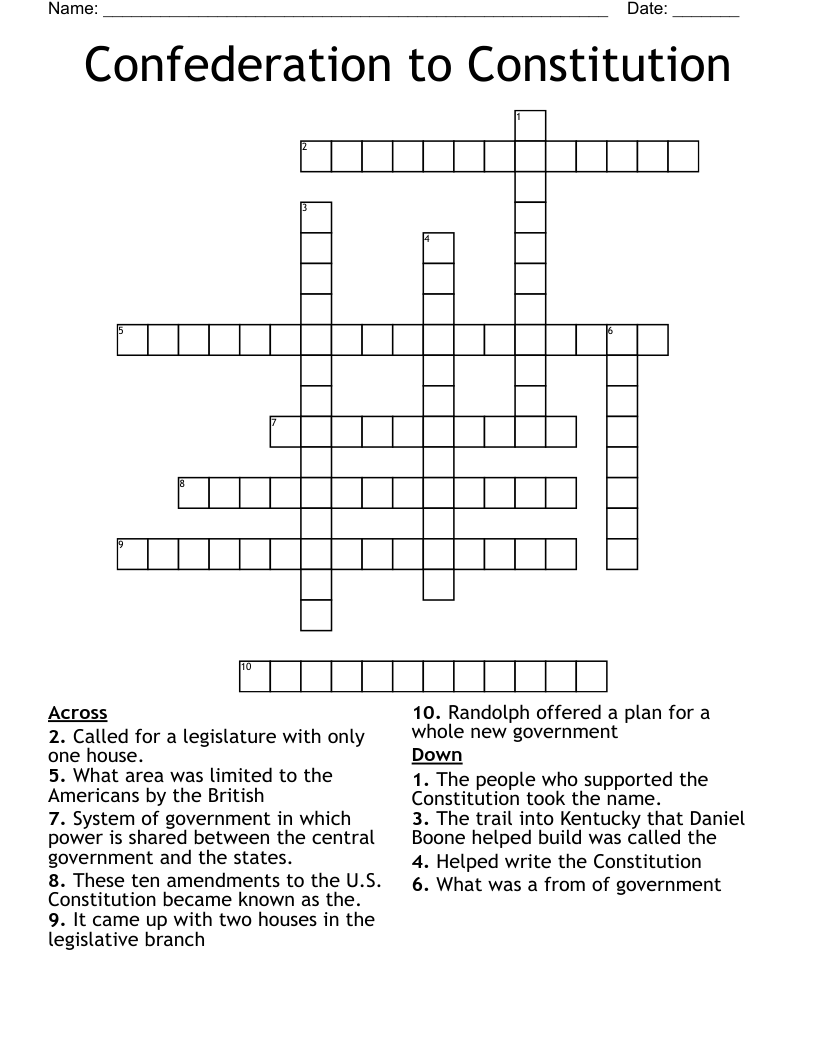 Confederation to Constitution Crossword