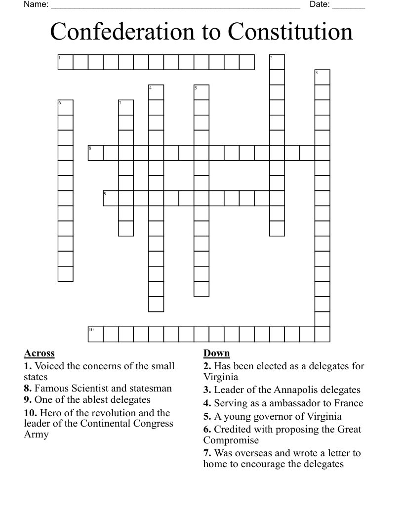 Confederation to Constitution  Crossword