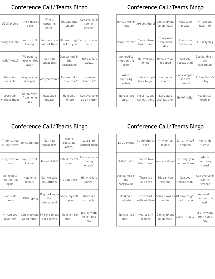Conference Call/Teams Bingo