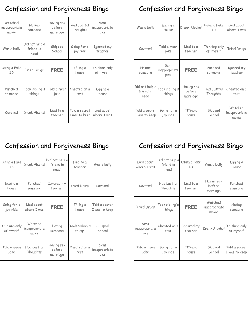 Confession and Forgiveness Bingo
